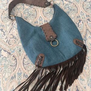Elegant Teal and Brown Hobo Bag with Fringe